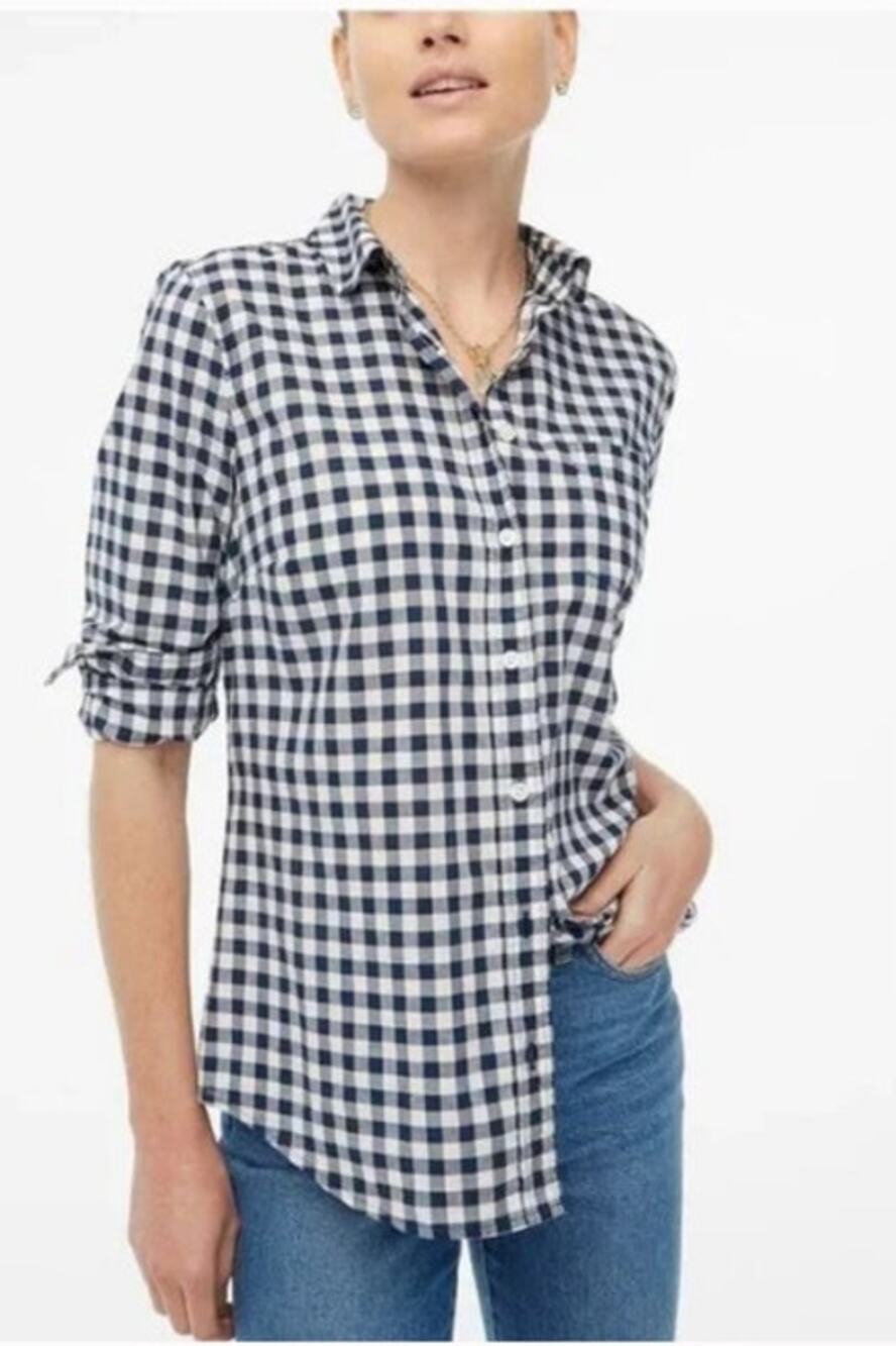 J CREW Womens Shirt Gingham Signature Fit Button Up Navy Blue White Plaid XS